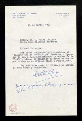 Carta de Carlos Martínez de Campos, duque de la Torre, a Rafael Lapesa en la que le agradece la c...