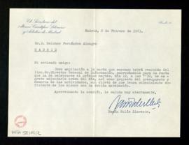 Carta de Ramón Solís Llorente, secretario del Ateneo de Madrid, a Melchor Fernández Almagro con l...
