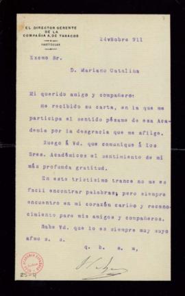 Carta de J[osé] Echegaray a Mariano Catalina [secretario de la Academia] de agradecimiento a la A...