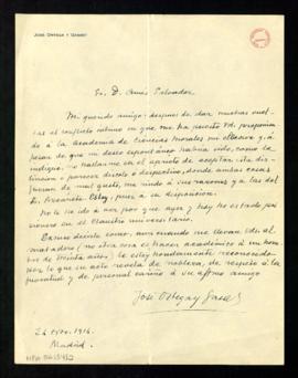 Carta de José Ortega y Gasset a Amós Salvador en la que le asegura que está a su disposición en r...