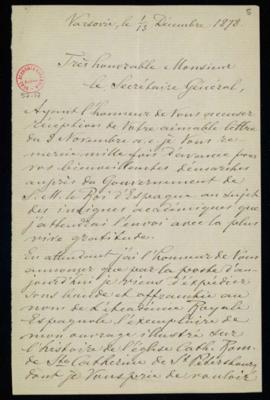 Carta de Stanislas J[oseph] Siennicki al secretario en la que anuncia que ha enviado a la Academi...