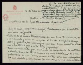 Carta de Eloy García de Quevedo a Emilio Cotarelo, secretario, en la que le pide que le envíe la ...