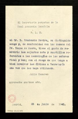 Minuta del besalamano de Julio Casares a Prudencio Rovira que acompaña el envío de la nota y las ...