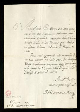 Carta del conde de la Roca a Juan Trigueros en la que agradece el envío de un ejemplar de la orac...