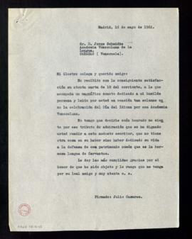 Copia de la carta de Julio Casares a Jorge Schmidke, de la Academia Venezolana de la Lengua, de r...