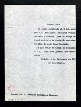 Copia del oficio del secretario [Rafael Lapesa] a Melchor Fernández Almagro con el que le traslad...