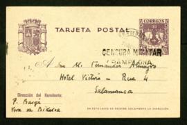 Tarjeta postal de Pío Baroja a Melchor Fernández Almagro en la que le dice que lleva en Vera cerc...