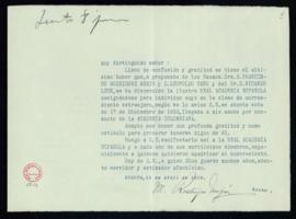 Carta de Martín Restrepo Mejía a Emilio Cotarelo, secretario, en la que acusa el recibo de la com...