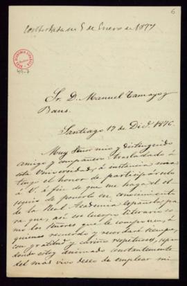 Carta de Gumersindo Laverde a Manuel Tamayo y Baus en la que le comunica que se ha trasladado a l...