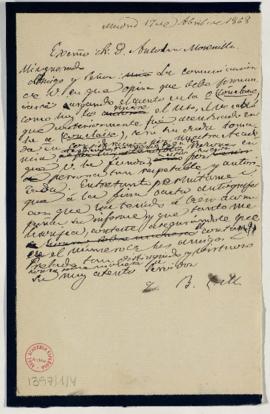 Minuta de la carta de Manuel Bretón de los Herreros Antolín Monescillo en la que le indica que su...