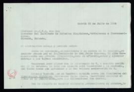 Minuta de la carta de Rafael Lapesa a C. F. Adolf van Dam en la que le agradece el pésame por el ...