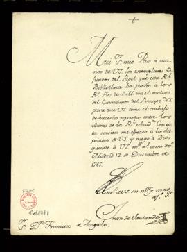 Carta de Juan de Santander a Francisco Antonio de Angulo con la que remite varios ejemplares de u...
