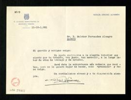 Carta de Nicolás Sánchez Alfambra, delegado administrativo de Enseñanza primaria de Granada, a Me...