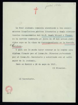 Minuta del diploma de Ramón Miquel y Planas de académico correspondiente de la Sección Catalana