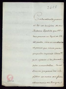 Carta del marqués de Grimaldi a Francisco Antonio Angulo en la que le comunica que el rey ha conc...