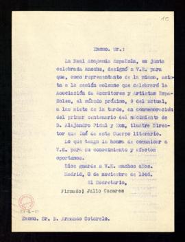 Copia del oficio del secretario a Armando Cotarelo de comunicación de su designación como represe...