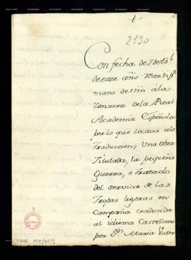 Carta de Juan de Peñuelas a Fran[cis]co [Antonio de] Angulo en la que le recuerda que la Real Aca...