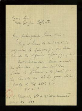 Carta de la marquesa viuda de Villa-Urrutia a Emilio Cotarelo con la que le remite una fotografía...