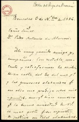 Carta de Juan Valera a Pedro Antonio de Alarcón en la que agradece las alabanzas a su Apuntes [so...