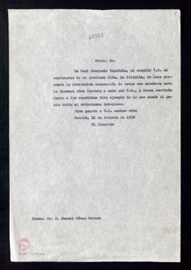 Copia sin firma del oficio del director [Dámaso Alonso] a Manuel Gómez-Moreno con el que la Acade...