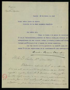 Carta de Carlos María Ocantos al conde de Cheste en la que le informa del fallecimiento de Bartol...