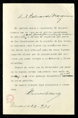 Minuta de la carta de Emilio Cotarelo a Eduardo Marquina en la que le dice que no tenga preocupac...
