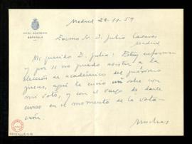 Carta de Vicente Aleixandre a Julio Casares en la que le informa de que está enfermo, y a la que ...