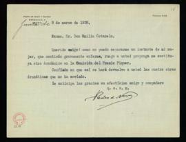 Carta de Pedro de Novo [y Colson] al secretario, Emilio Cotarelo, en la que le ruega que proponga...