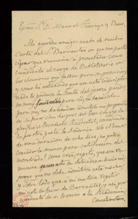 Carta del conde de Cheste al secretario, Manuel Tamayo y Baus, en la que le comunica que ha recib...