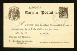 Tarjeta postal de Concha Espina a Melchor Fernández Almagro en la que le dice que sabe por el edi...