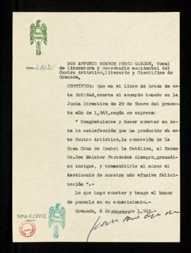 Certificación de Antonio Domech Pérez Garzón, vocal de Literatura y secretario accidental del Cen...