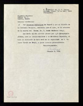 Carta de Antonio M. Abad a la Academia Española en la que envía a los académicos su sentido pésam...