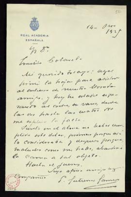 Carta de E[milio] Gutiérrez-Gamero al secretario, Emilio Cotarelo, en la que le comunica que ha e...