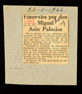 Recorte del diario Ya con la noticia Funerales por don Miguel Asín Palacios