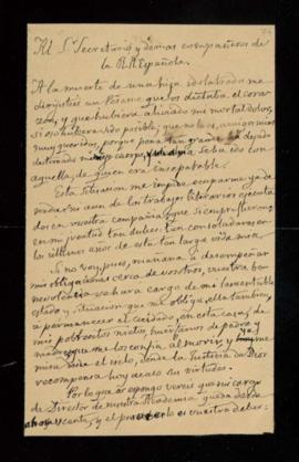Carta de Juan de la Pezuela al secretario y demás académicos por la que renuncia del cargo de dir...