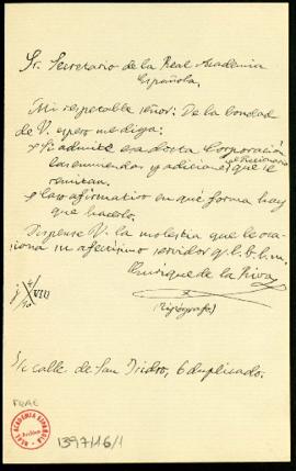 Carta de Enrique de la Riva al secretario en la que se interesa sobre si la Academia admite el en...