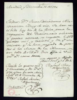 Carta de Rafael Sánchez de Aguilera a Juan Crisóstomo Alamanzón sobre la recepción de 84 resmas d...