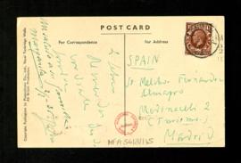 Tarjeta postal de Pedro Salinas a Melchor Fernández Almagro con recuerdos desde Londres