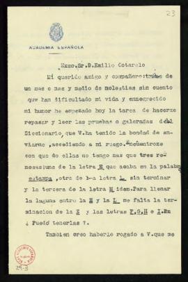 Carta de Amalio Gimeno a Emilio Cotarelo en la que le manifiesta que ha empezado a repasar y leer...