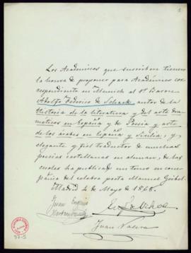 Propuesta firmada por Juan Eugenio Hartzenbusch, Eugenio de Ochoa y Juan Valera de Adolfo Federic...