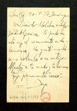 Tarjeta postal de Jorge Guillén a Melchor Fernández Almagro en la que le dice que sale para Algec...