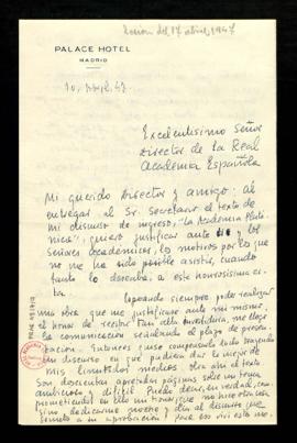 Carta de Eugenio Montes al director [José María Pemán] en la que le justifica el retraso en entre...