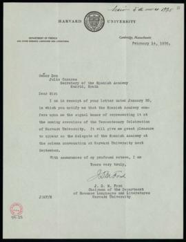 Carta de J. D. M. Ford a Julio Casares en la que acepta su designación como representante de la A...