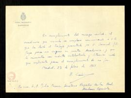 Carta de Pedro Laín a Julio Casares en la que le comunica que ha leído el trabajo presentado por ...