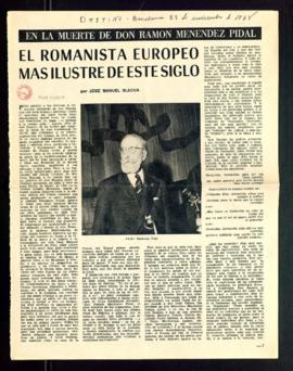 Recorte del semanario Destino con la selección de artículos En la muerte de don Ramón Menéndez Pidal