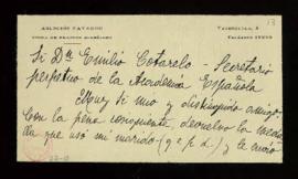 Carta de Asunción Navarro, viuda de [José] Francos Rodríguez, al secretario, Emilio Cotarelo, con...