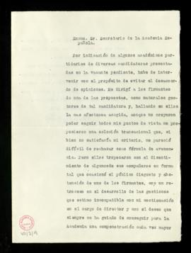 Carta de Ramón Menéndez Pidal al secretario [Emilio Cotarelo] en la que expone los motivos que le...