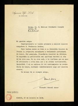 Carta de Manuel Aznar, director de la Agencia EFE, a Melchor Fernández Almagro en la que le dice ...