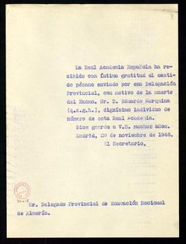 Copia sin firma del oficio del secretario al delegado provincial de Educación Nacional de Almería...