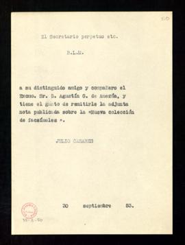 Copia del besalamano de Julio Casares a Agustín G. de Amezúa que acompaña la nota publicada sobre...
